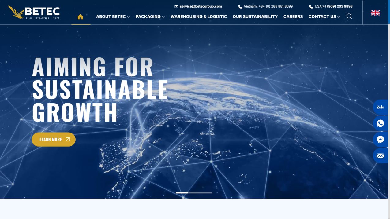 Betec Group website presenting its global packaging and logistics business