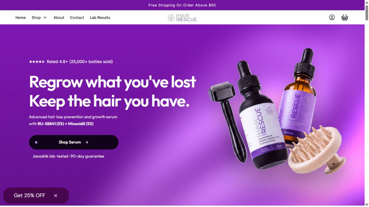 Hair Rescue website featuring its purple product-focused homepage