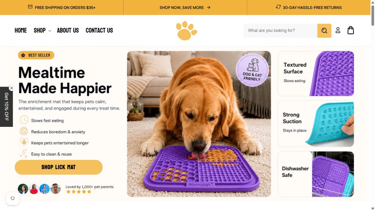 The Paw Spot homepage with golden retriever, pet products and clear shopping paths